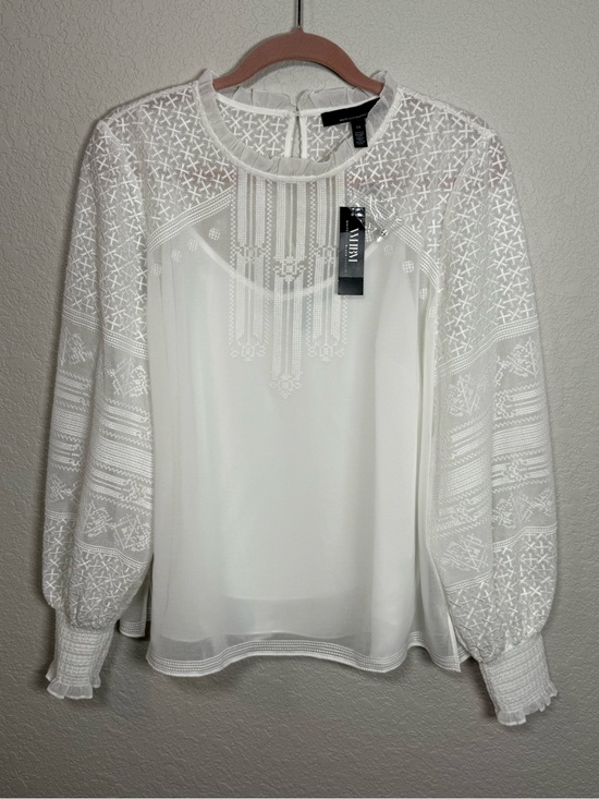 White House Black Market Tops - White House Black Market White Embroidered Lace-Panel Blouse